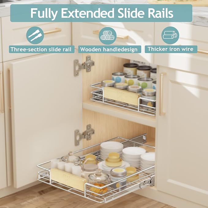 LOVMOR Pull Out Cabinet Organizer with Wooden Handle, 16½" W x 21½"Heavy Duty Cabinet Drawers Shelves Slide Out Organizer for Kitchen, Pantry