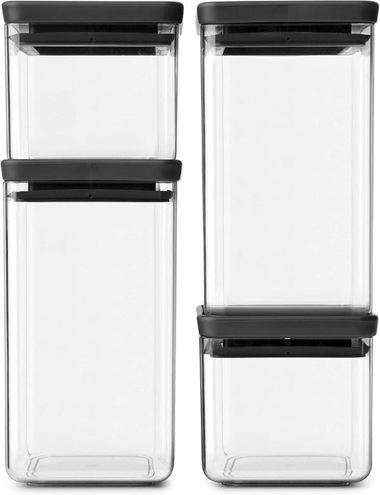 Brabantia Tasty+ 4pc Stackable Food Canisters Set (Dark Gray) 2x 0.7qt & 2x 1.7qt BPA-Free Space-Saving Jars with Silicone Seal Lids for Freshness
