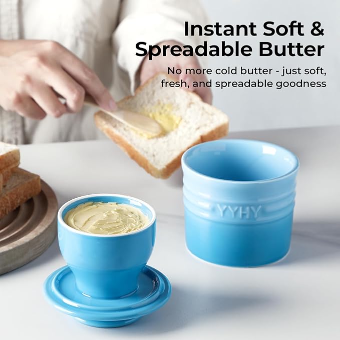 Y YHY Butter Dish with Lid for Countertop, Butter Crock for Counter with Water, Butter Holder for Soft Spreadable Butter, Butter Keepers to Leave on Counter as Kitchen Decor Ideal Gift, Gradient Blue