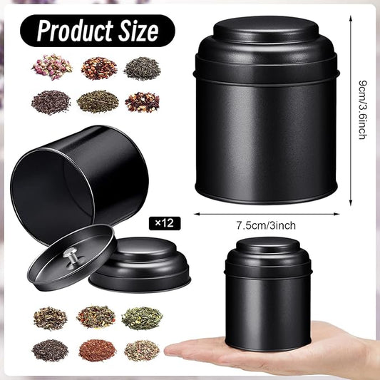 12 Pcs Tea Tin Canister with Airtight Double Lids 8 oz Round Tin Can Box Small Kitchen Tea Canister Loose Leaf Storage Containers for Loose Bags Coffee Sugar Candy Spices(Black)