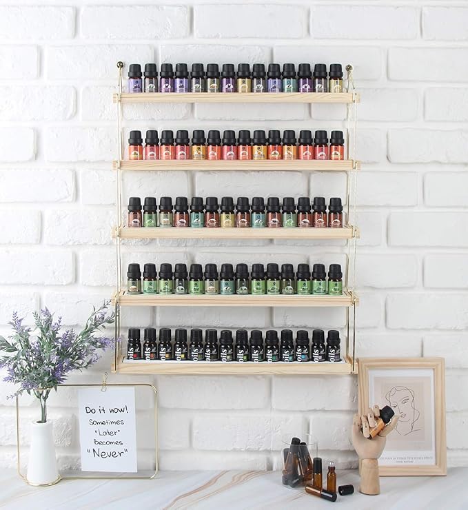 J JACKCUBE DESIGN Wall Mount Essential Oils Display Shelf with 5 Tier for 70 Bottles Holder Gold Frame and Wood Rack Organizer - MK482B