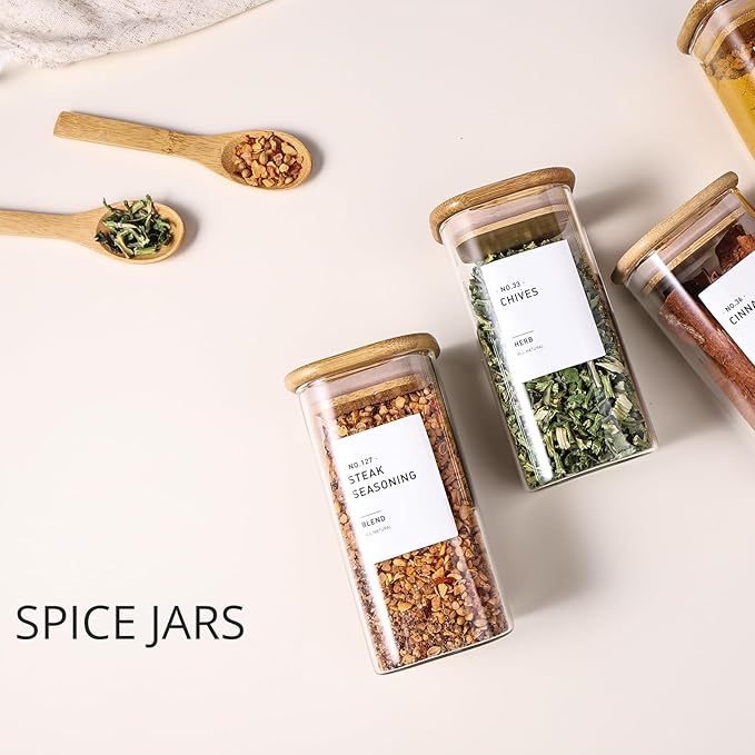 16Pcs Glass Spice Jars with Bamboo Lids, include 4oz, 6oz, 8oz, 10oz Empty Square Containers With 340 Spice Labels Preprinted of White and Black Color, Spice Bottles for Seasoning Organizer