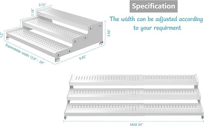 Spice Rack Organizer for Cabinet, 3 Tier Expandable Shelf, Great for Kitchen Cabinets, Cupboard,Pantry and More,Metal Plate with Hole (2 Packs/White,9.45" D x 12.8"~24“L x 3.56" H)