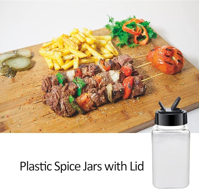 12 Pack 4oz Clear Plastic Spice Jars With Black Plastic Lids, Square Spice Bottles, Seasoning Containers with Chalk Labels, Pen, Funnel, Spice Containers For Kitchen Cabinet