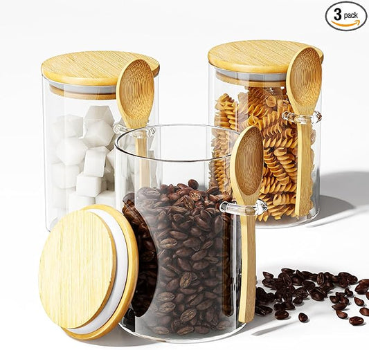 Coffee Sugar Container Salts Jars - 15oz Glass Airtight Caning with Bamboo Lids and Spoons Scoop, Storage Overnight Oats, Spice, Creamer, Food Organizer, Set of 3
