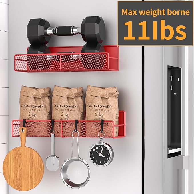 Magnetic Spice Rack for Refrigerator, 2 Pack Metal Magnetic Shelf, Moveable Spice Organizer with Hooks, Super Magnetic Fridge Shelf for Kitchen Organization and Storage, Red
