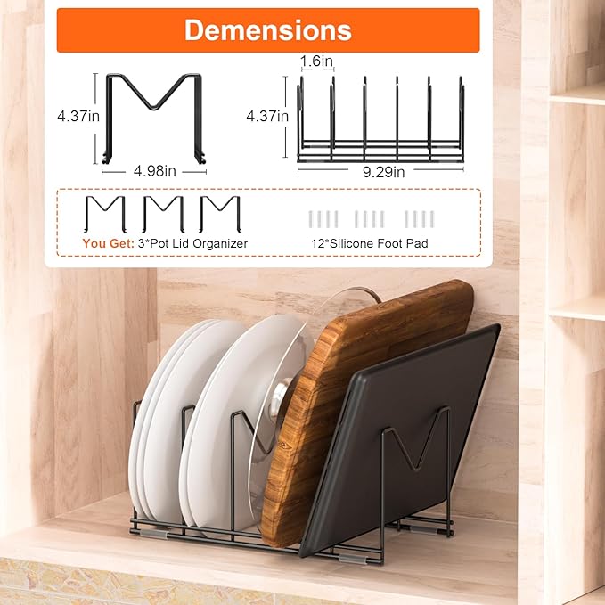 3 Pack Pot Lid Organizer for Cabinet, Stainless Steel Pot Lid Rack with Anti-slip Pad, Lid Holder for Pans Pots, Bakeware, Plates, Cookie Sheets, Trays, Dish, Cutting Boards, Classic Black