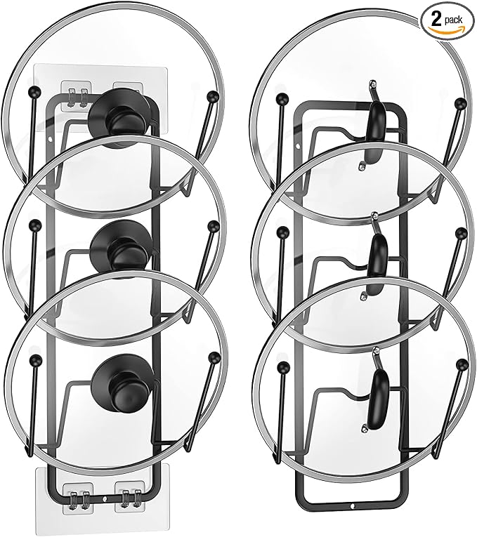 2 Pack Pot Lid Organizer for Cabinet, 2 in 1 Wall Mount & Adhesive Pot Lid Holder Rack for Kitchen Storage 6 Tier Pan Lid Organizer for Easy & Tidy Kitchen Organization