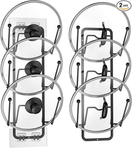 2 Pack Pot Lid Organizer for Cabinet, 2 in 1 Wall Mount & Adhesive Pot Lid Holder Rack for Kitchen Storage 6 Tier Pan Lid Organizer for Easy & Tidy Kitchen Organization