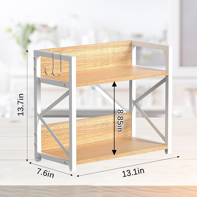 Spice-Rack-Organizer-Shelf for Kitchen Counter, 2 Tiers Coffee Bar Station Organizer for Countertop，Space Saving Desk Shelving Riser Unit (Maple, Medium)