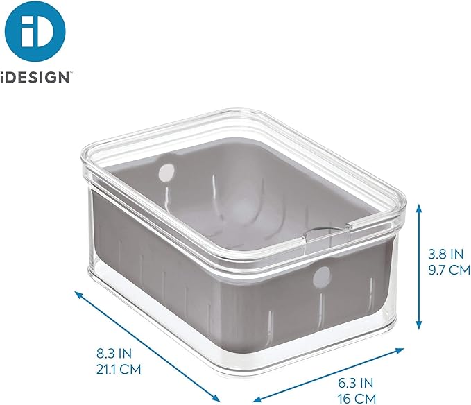 iDesign Recycled Plastic Crisp Produce Storage Containers with Lid and Colander Basket Designed to Keep Food Fresh Longer, 8.32” x 6.32” x 3.76”, Clear/Gray