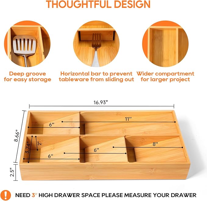 Bamboo Silverware Drawer Organizer, Removable Dividers Kitchen Utensil Drawer Organizer for Different Dimension Flatware, Spoons, Forks, Knives (Natural, 5 Slots)