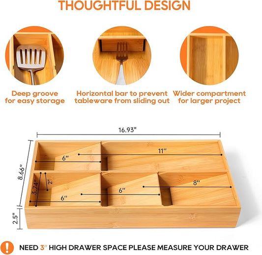 Bamboo Silverware Drawer Organizer, Removable Dividers Kitchen Utensil Drawer Organizer for Different Dimension Flatware, Spoons, Forks, Knives (Natural, 5 Slots)