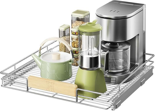 LOVMOR Pull Out Cabinet Organizer with Wooden Handle, 22½" W x 21½"Heavy Duty Cabinet Drawers Shelves Slide Out Organizer for Kitchen, Pantry