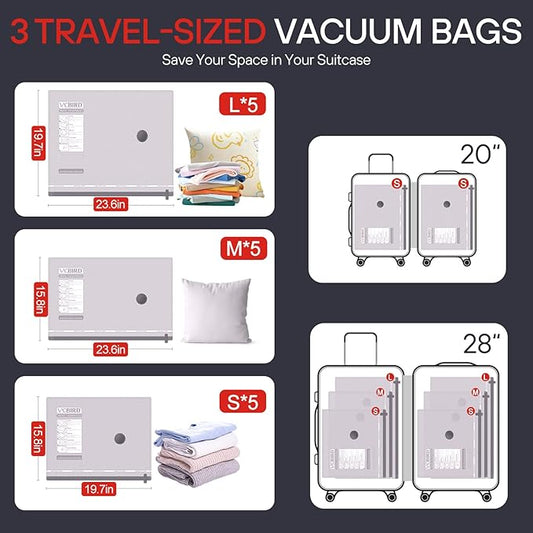 VMstr 15 Pack Travel Vacuum Storage Bags With High Pressure Electric Pump(D/C Power), Compression Sealing for Clothes and Clothing Luggage Suitcase Packing, Carry-on Travel Size