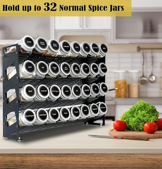 4 Tier Spice Rack Organizer with 32 Square Spice Jars and 160 Spice Labels Set for Kitchen Cabinet Countertop Pantry or Wall Mount, Matte Black