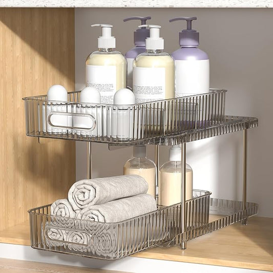 Fowooyeen Bathroom Cabinet Organizer, 2 Tier Pull Out Under Sink Organizers and Storage, Multi-Purpose Kitchen Pantry Medicine Organization and Storage Shelves Bins with Movable Dividers Grey
