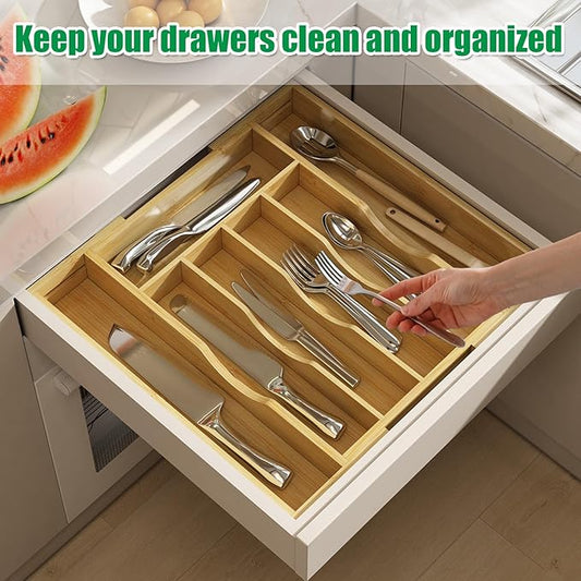 BAMBUROBA Bamboo Kitchen Drawer Organizer,Expandable Silverware Organizer,Utensil Holder and Cutlery Tray with 7 Slots,Gadgets Storage Divider,Natural