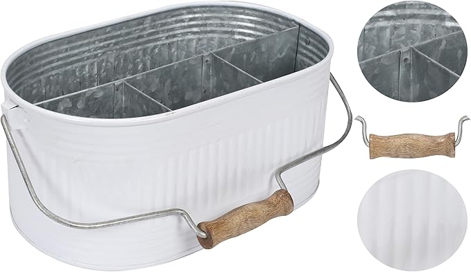 CLEENTABLE Galvanized Utensil Caddy – Rustic Farmhouse Chic Multi-Compartment Organizer for Kitchen, Parties & Picnics (13.5" L x 10" W x 5.5" H)
