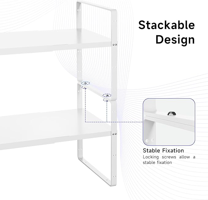 Expandable Cabinet Shelf Organizer, Stackable Kitchen Pantry Counter Storage, Adjustable Closet Cupboard Stand Rack Risers Spice Organization 80LBS Heavy Duty White 3 Pack