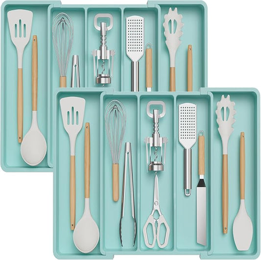 Lifewit Utensil Organizer for Kitchen Drawers, Expandable Cooking Utensil Tray, Adjustable Cutlery Silverware Flatware Holder, Plastic Kitchen Tools and Gadgets Storage Divider, 2 Pack, Turquoise