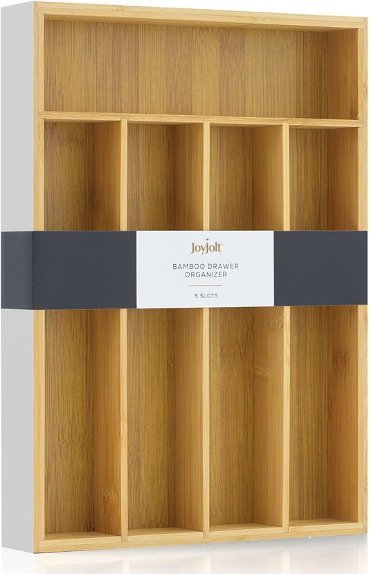 JoyJolt Bamboo Drawer Organizer for Kitchen Utensils, Drawer Divider for Large Cutlery and Silverware, Flatware Holder Tray, 5-Compartment Silverware Organizer, Garage Kitchen & Junk Drawer Organizer