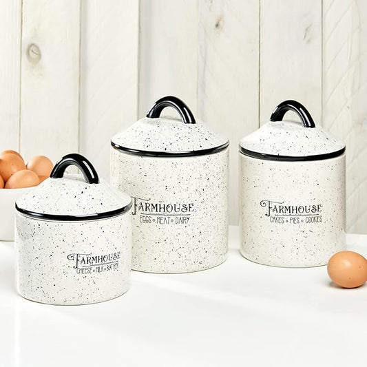 American Atelier Canister Set 3-Piece Ceramic Jars in Small, Medium, Large with Airtight Lids for Cookies, Candy, Coffee, Flour, Sugar, Rice, Pasta, Cereal & More (Farm House)