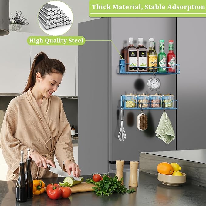 Magnetic Spice Rack for Refrigerator, 2 Pack Strong Magnet Spice Organizer Shelves with Hooks, Magnetic Fridge Shelf for Kitchen Organization and Storage, Seasoning Organizer Gadgets (Blue)