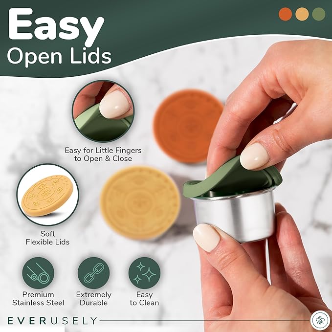 Everusely Condiment Cups - 3 Pack, 1.7 oz, Muted, Stainless Steel - Condiment Containers with Lids - Reusable Salad Dressing Container To Go - Sauce & Dip Cup for Lunchbox, Meal Prep