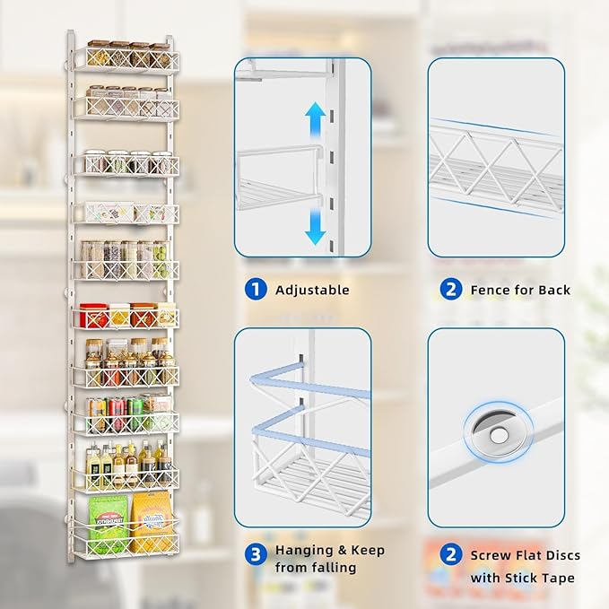 Over the Door Pantry Organizer, Over the Door Organizer, Over the Door Spice Rack,10-Tier Metal Pantry Door Organizer for Easy Install, Pantry Door Storage,Over the Door Storage White