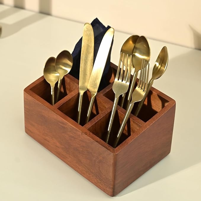 Premium Handcrafted Wooden Spoon stand for kitchen | cutlery holder for dining table | wooden caddy storage organiser stand with 5 section Mahogany Finish(8.75x6x4.5 inch)