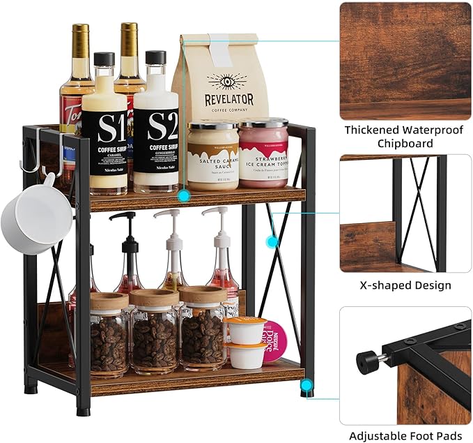 Snughome Coffee Bar Organizer,Kitchen Counter Shelf for Countertop,Wood Kitchen Countertop Organizer,2 Tier Coffee Organizer Station for Countertop (Rustic Brown, Medium)