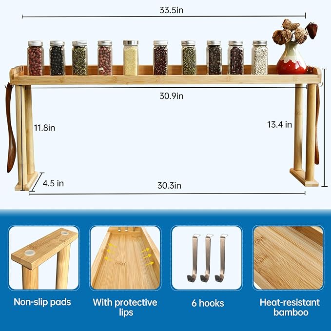 34 Inch Over The Stove Spice Rack Bamboo Over The Stove Shelf for Kitchen, Spice Organizer for Top of Stove, Easy Installation 34.6 * 5.1 * 13.6 Inch