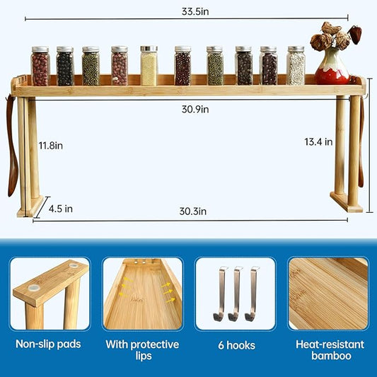 34 Inch Over The Stove Spice Rack Bamboo Over The Stove Shelf for Kitchen, Spice Organizer for Top of Stove, Easy Installation 34.6 * 5.1 * 13.6 Inch