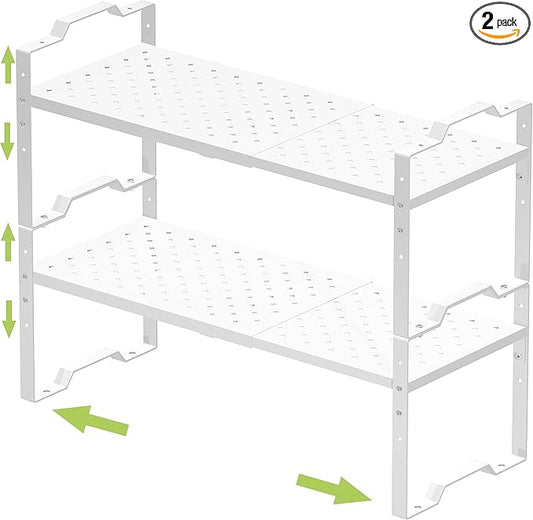Expandable Shelf for Cabinet Organizer Adjustable Stackable Spice Rack at Kitchen and Bathroom More,2 Packs/White, Medium