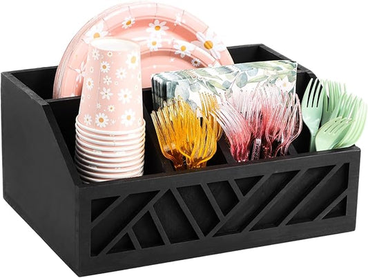 Homaisson Wooden Paper Plate Dispenser for Countertop - Wood Paper Plate Holder Utensil Holder Organizer Cutlery Flatware Organizer Box For Cups Spoons Forks Plates Napkins, Kitchen Accessories