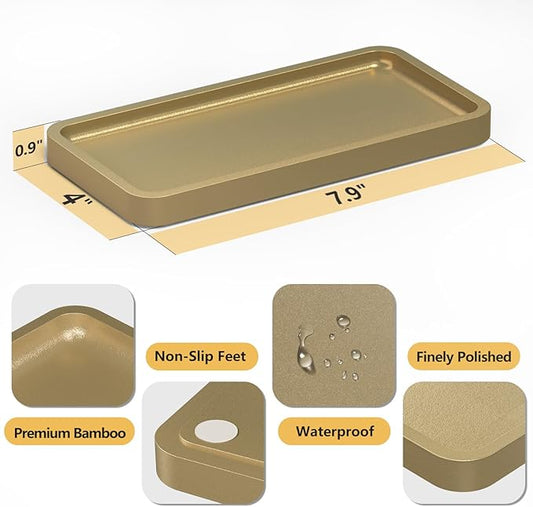 Weenson Gold Bathroom Vanity Tray for Countertop Makeup Perfume Jewelry Decor Candle Keys, Bamboo Kitchen Tray for Soap Dispenser Spice, Small Toilet Tray Nightstand 7.9" L x 4" W x 0.79" H