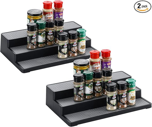 YCOCO Plastic Spice Rack 3-Tier Step Shelf Kitchen Countertop Cabinet Organizer Non Skid and Waterproof,For Spice Bottles,Jars, Seasonings,Baking Supplies,Pack of 2,Black