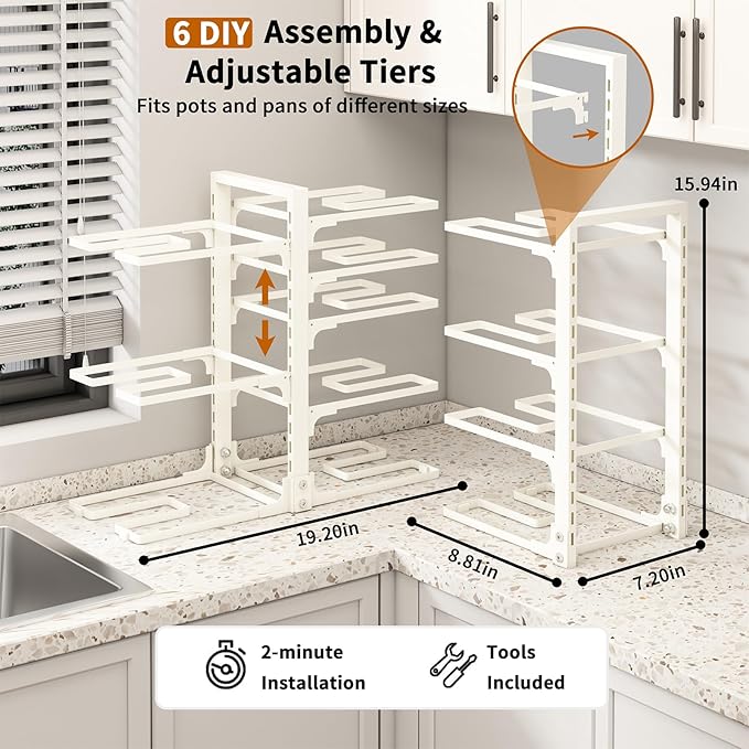 Adjustable Pots and Pans Organizer Under Cabinet, 8-Tier Pot and Pan Organizers Inside Cabinet, Kitchen Cabinet Organizers and Storage, White