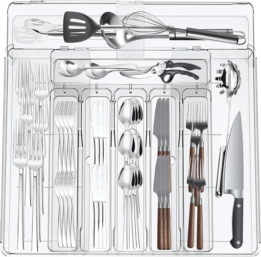 Silverware Drawer Organizer, Expandable Utensil Tray for Kitchen, Clear Plastic Cutlery Flatware Holder, Adjustable Storage Divider for Cooking Tools Forks Knives Spoons, 9 Slot