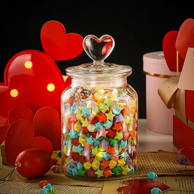 WHJY Set of 2 32oz Airtight Glass Jars Decorative Jars, Jar of Hearts Cute Cookie Jar Decorative Jars with Lids Candy Jars for Candy Buffet Heart Shaped Lid - Grid Textured