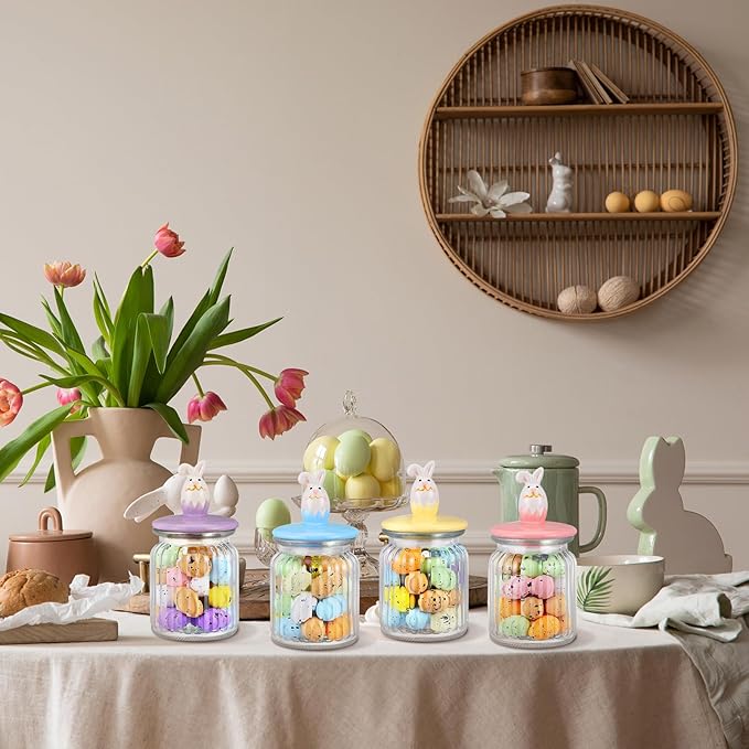 Nitial 4 Pcs Easter Glass Jar with Cap Bunny Rabbit Egg Shape Clear Candy Jar Decorative Food Storage Canister with Airtight Ceramic Lid for Eater Party Tea Cookie Table Decoration (7.8 oz,Bunny)