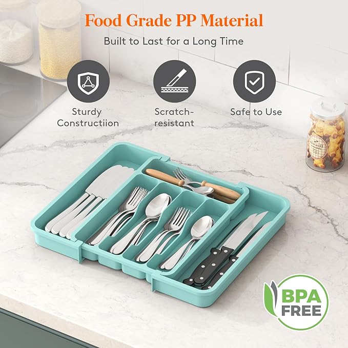 Lifewit Silverware Drawer Organizer, Expandable BPA Free Utensil Tray for Kitchen, Adjustable Flatware and Cutlery Holder for Spoons Forks Knives, Plastic Kitchen Organizers and Storage, Turquoise