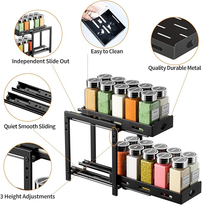 RCHYFEED Pull Out Spice Rack Organizer for Cabinet, 2-Tier Heavy Duty Slide Out Spice Rack for Inside Cabinets & Pantry, Kitchen Seasoning Organizer Vertical Spice Racks,5.5" Wx10.8 Dx9.7 H,Black