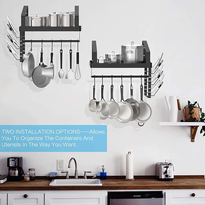 X-cosrack Pot Racks Wall Mounted Set of 2,with Towel Bar and Pots Pans Lids Organizer, Kitchen Cookware Hanging Shelves with 12 Hooks, Black