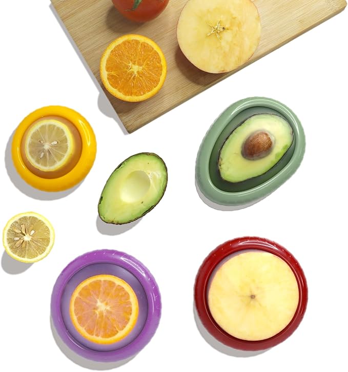 Avocado Saver and Onion Holder -Set of 4 Reusable Fruit and Veggie Savers for Fridge - BPA-Free, Prevent Flavor Mixing, Keep Fresh (Cyan, Purple, Red And Yellow)