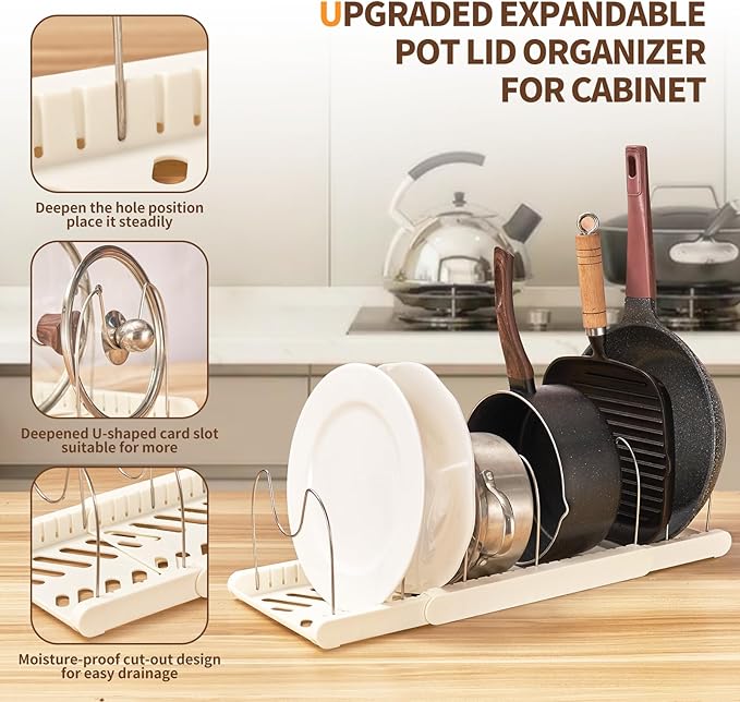 Expandable Pot and Pan Organizers Rack, Stainless Steel Adjustable Dividers, Pot Lid Holder, Kitchen Cabinet Organizer and Storage, 12'-23.2' Wide (GJ02-2)