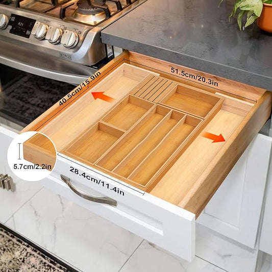comfoyar Bamboo Kitchen Drawer Organizer, Expandable Silverware Cutlery Tray with Removable Grooved Drawer Dividers and Knife Block, for Flatware and Kitchen Utensils, 3-10 Slots Natural