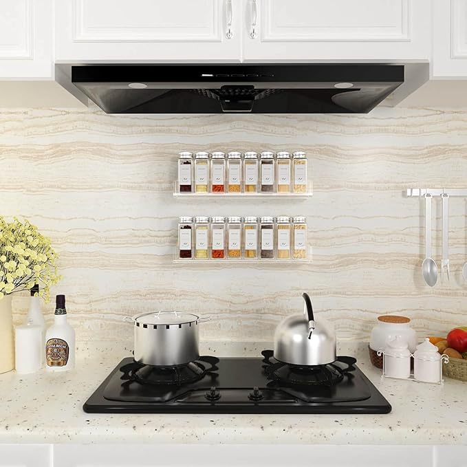 FEMELI Acrylic Wall Mount Spice Rack - 15 Inch, 4 Pack Hanging Spice Rack Shelf for Cabinets, Cupboard or Pantry Door, Kitchen Organizer