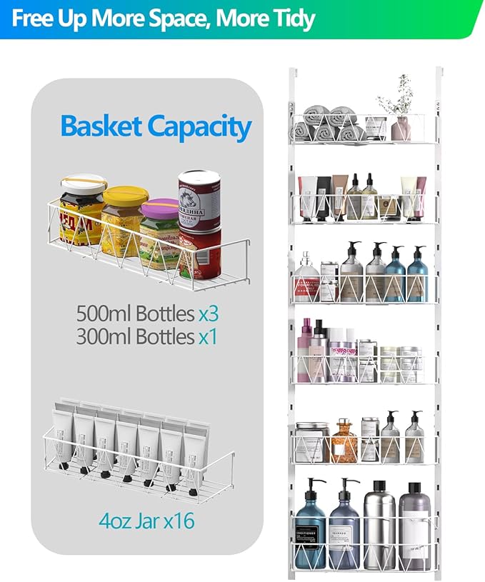 Over The Door Pantry Organizer, Pantry Organizers and Storage - 6-Tier Pantry Door Organizer, Over The Door Spice Rack for Kitchen, Bathroom, Bedroom Organization